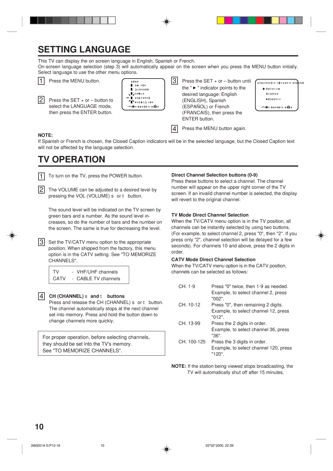 Memorex MT2365 owner manual Setting Language, TV Operation 