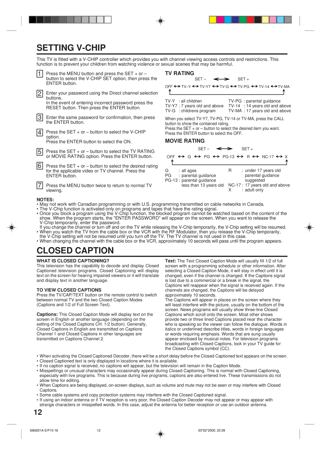 Memorex MT2365 owner manual Setting V-CHIP, Closed Caption, TV Rating, Movie Rating 