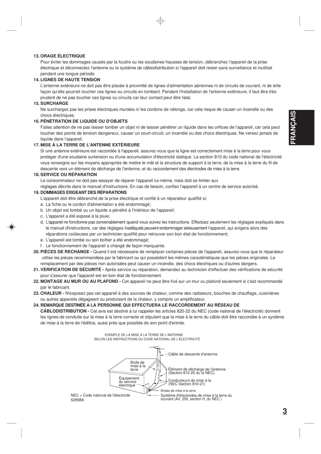 Memorex MT2365 owner manual Orage Électrique, Lignes DE Haute Tension, Surcharge, 16. Pénétration DE Liquide OU Dobjets 