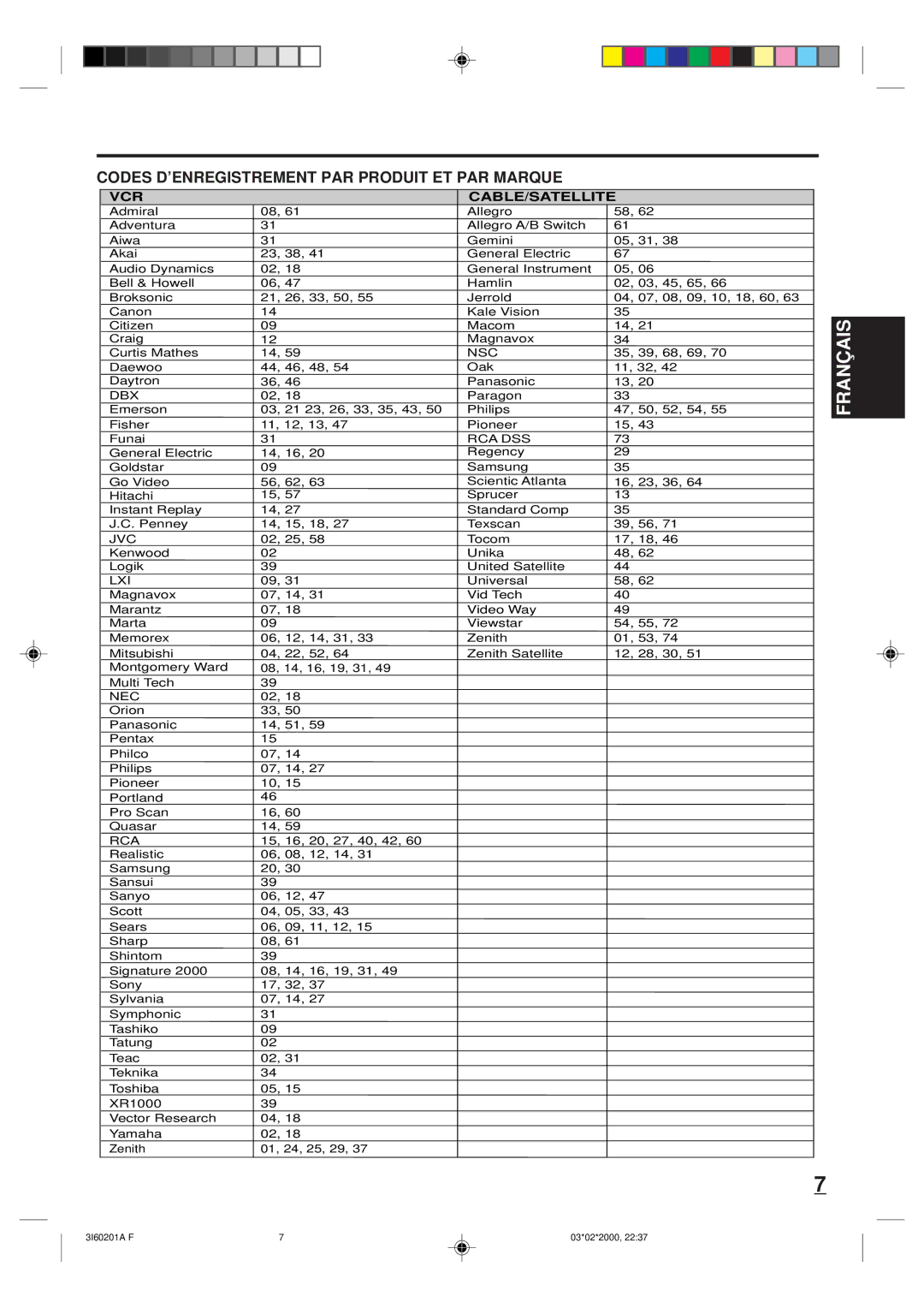 Memorex MT2365 owner manual Codes D’ENREGISTREMENT PAR Produit ET PAR Marque, Vcr Cable/Satellite 