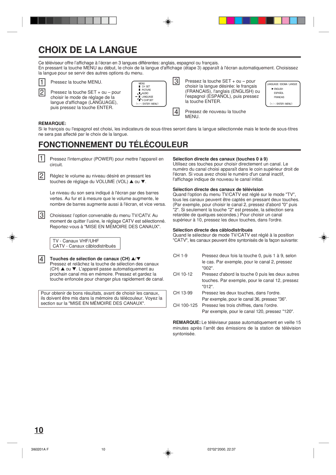 Memorex MT2365 owner manual Choix DE LA Langue, Remarque 