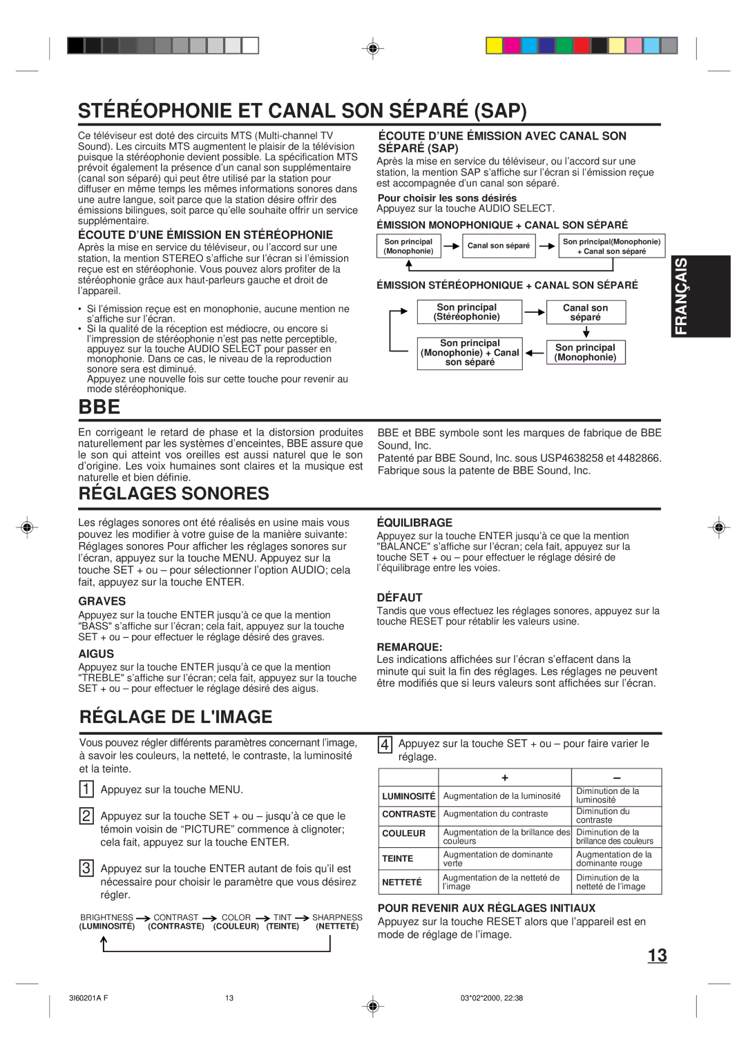 Memorex MT2365 owner manual Stéréophonie ET Canal SON Séparé SAP, Bbe, Émission Monophonique + Canal SON Séparé 