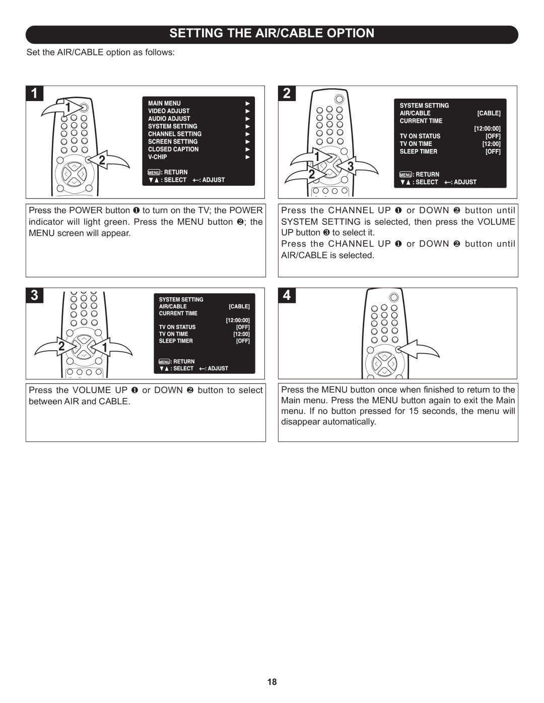 Memorex MT3010OM manual Setting the AIR/CABLE Option 