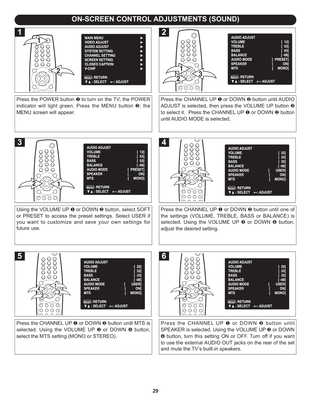 Memorex MT3010OM manual ON-SCREEN Control Adjustments Sound 