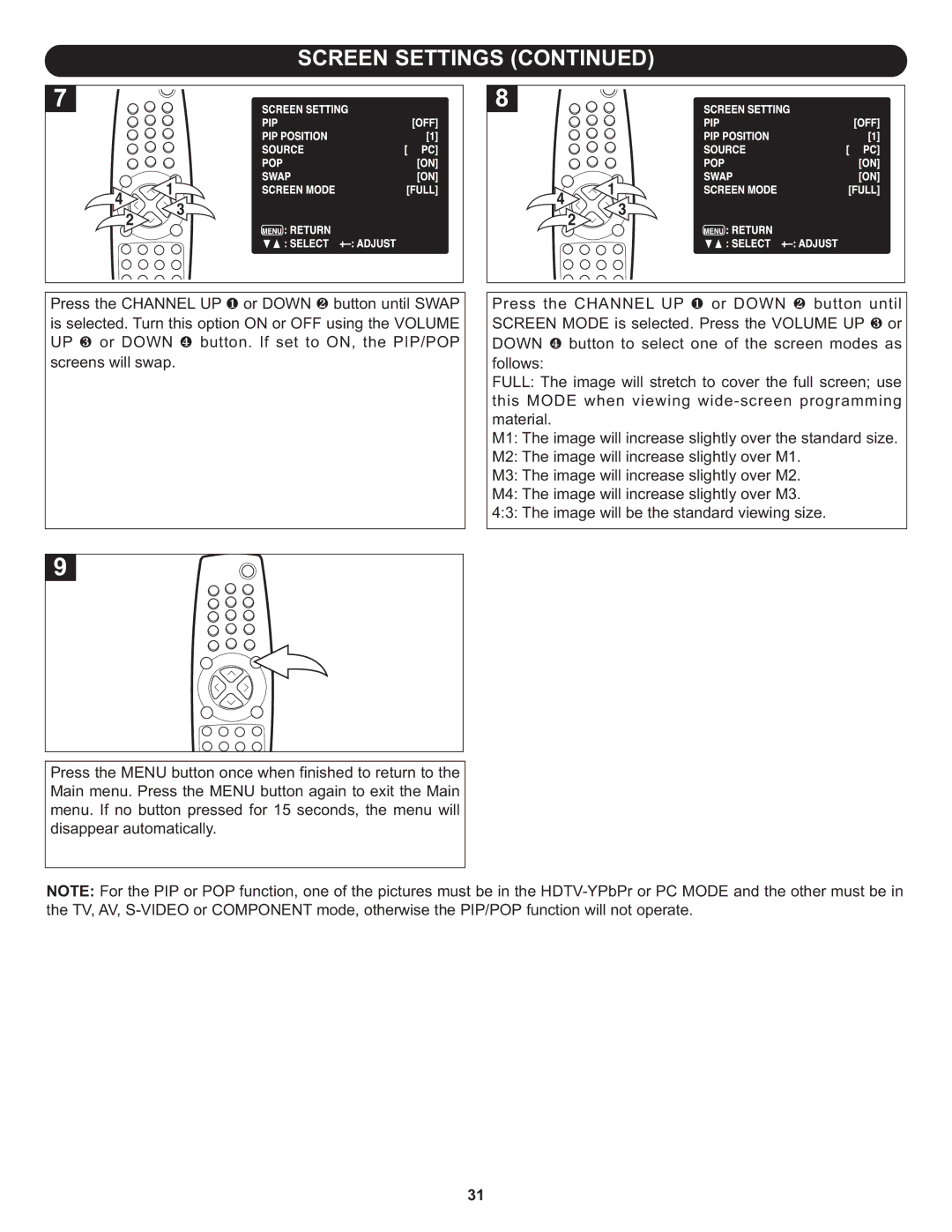 Memorex MT3010OM manual Screen Settings 