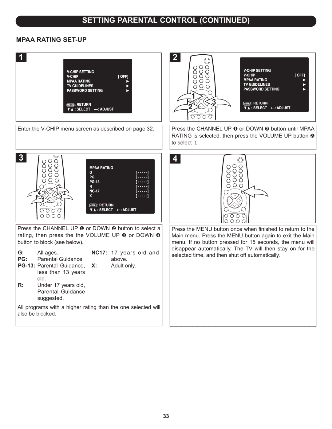 Memorex MT3010OM manual Setting Parental Control, Mpaa Rating SET-UP 