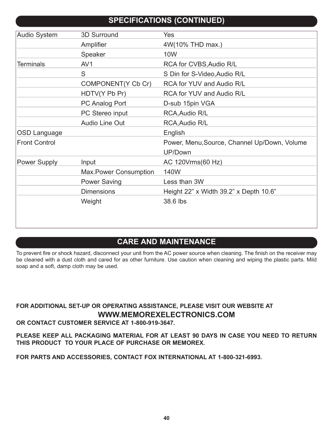 Memorex MT3010OM manual Care and Maintenance, AV1 