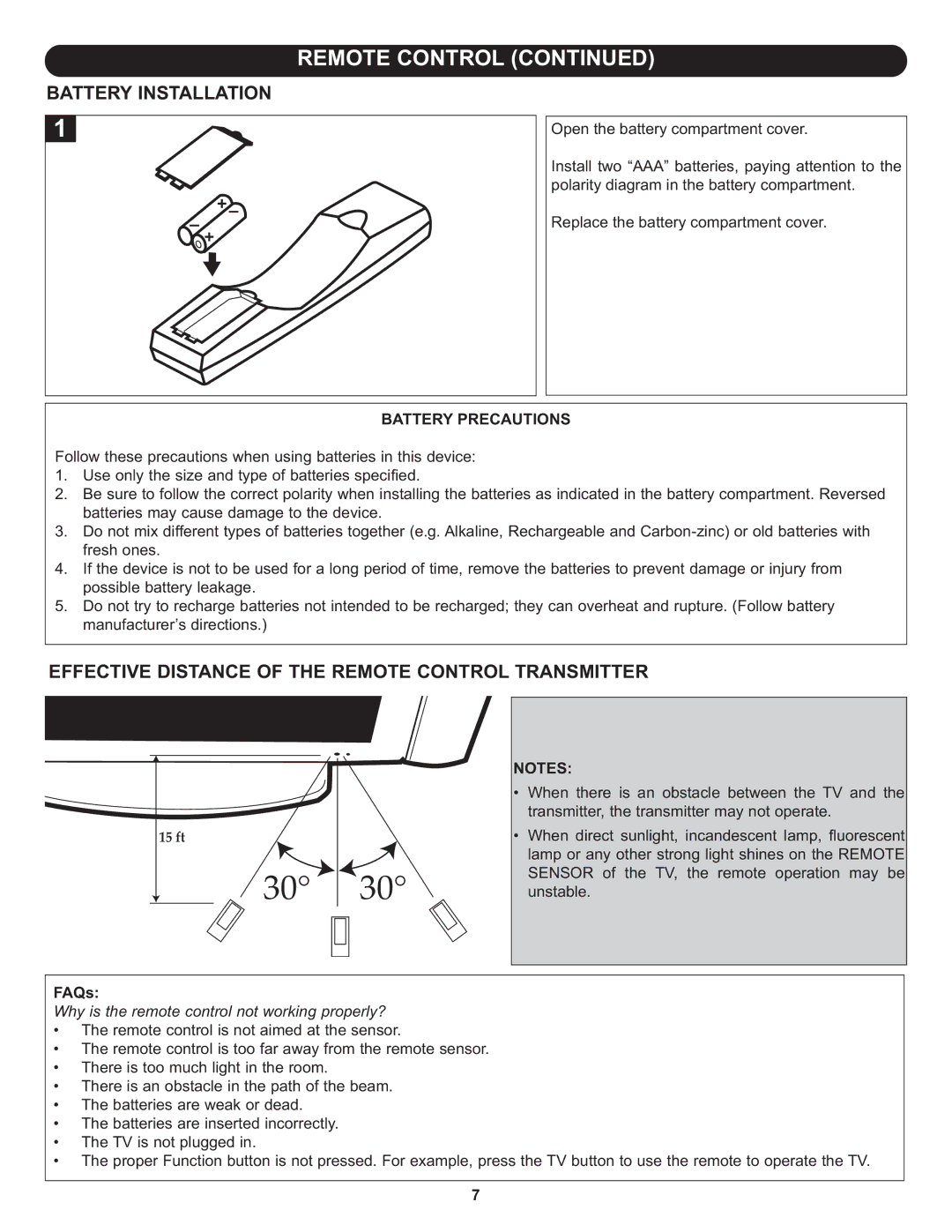 Memorex MT3010OM manual Battery Installation, Effective Distance of the Remote Control Transmitter, Battery Precautions 