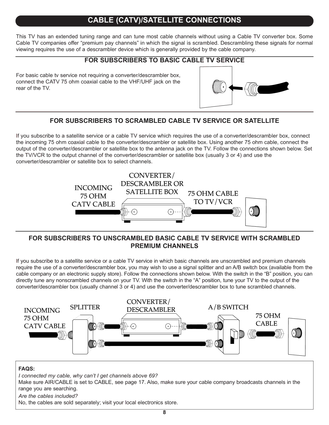 Memorex MT3010OM manual Cable CATV/SATELLITE Connections, For Subscribers to Basic Cable TV Service, Faqs 