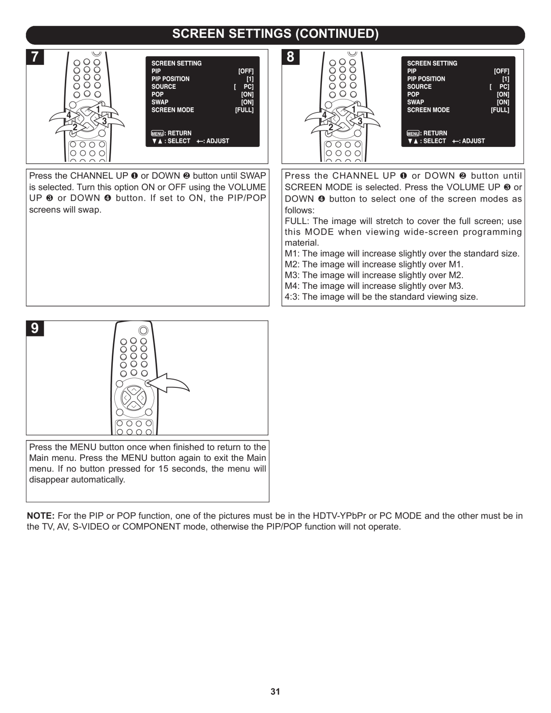 Memorex MT3010OM manual Screen Settings Continued 