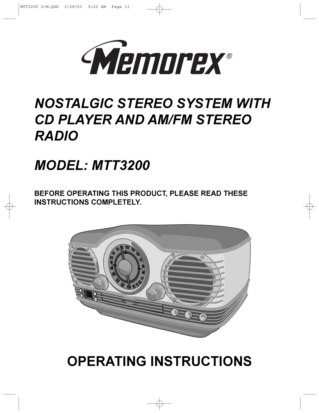 Memorex MTT3200 manual Operating Instructions 