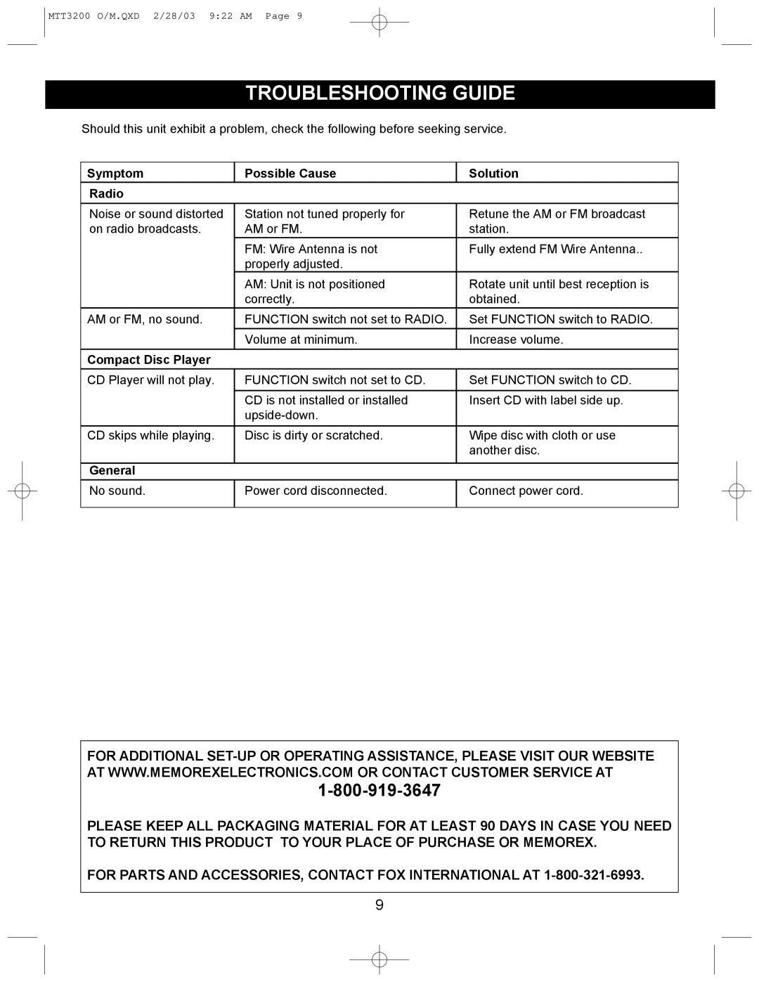 Memorex MTT3200 manual Troubleshooting Guide, Symptom Possible Cause Solution Radio 