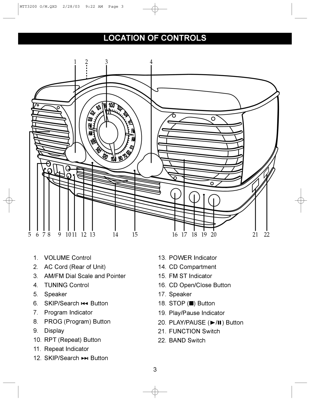 Memorex MTT3200 manual Location of Controls, Play/Pause 