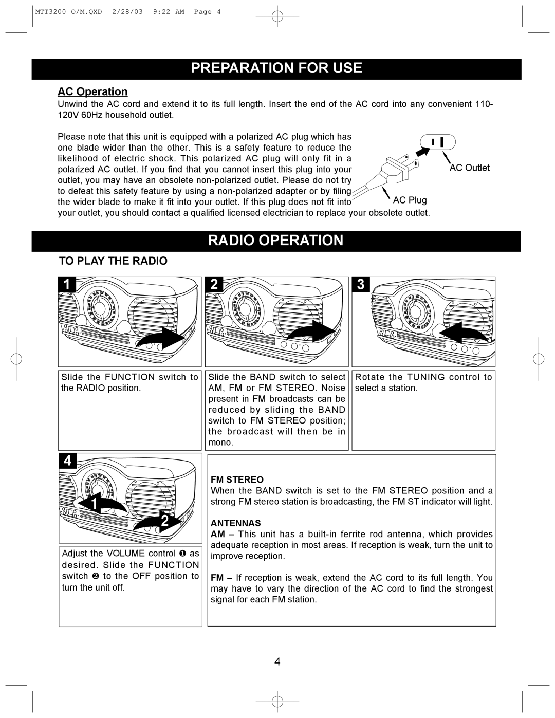 Memorex MTT3200 manual Preparation for USE, Radio Operation, To Play the Radio 