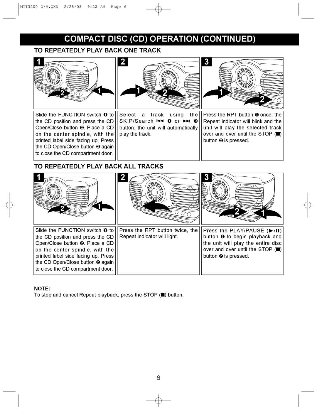 Memorex MTT3200 manual To Repeatedly Play Back ONE Track, To Repeatedly Play Back ALL Tracks 