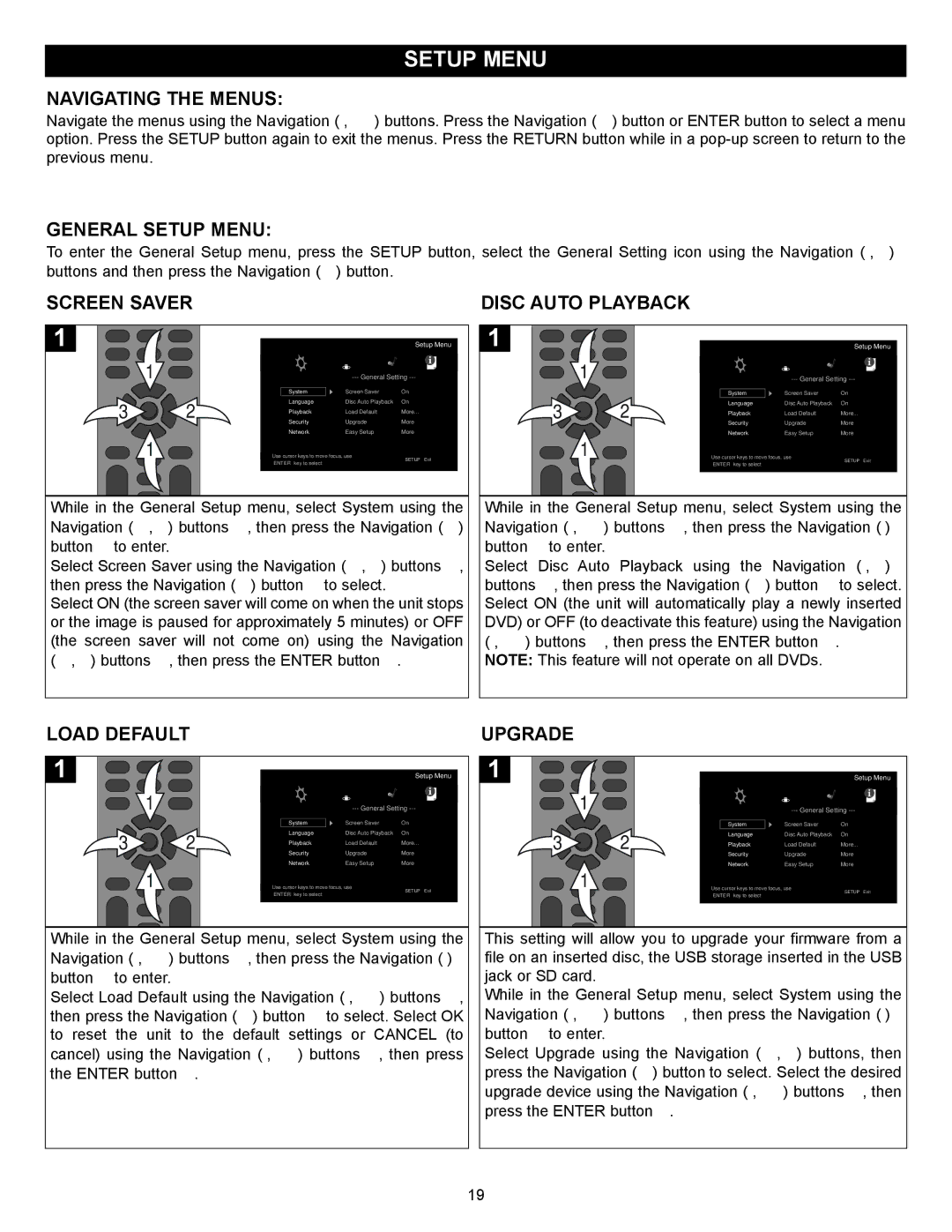 Memorex MVBD2520-R user manual Navigating the Menus, General Setup Menu 