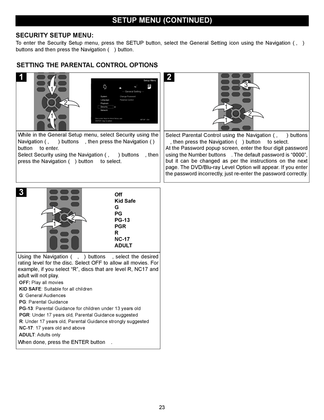 Memorex MVBD2520-R user manual Security Setup Menu, Setting the Parental Control Options, Pgr, Adult 