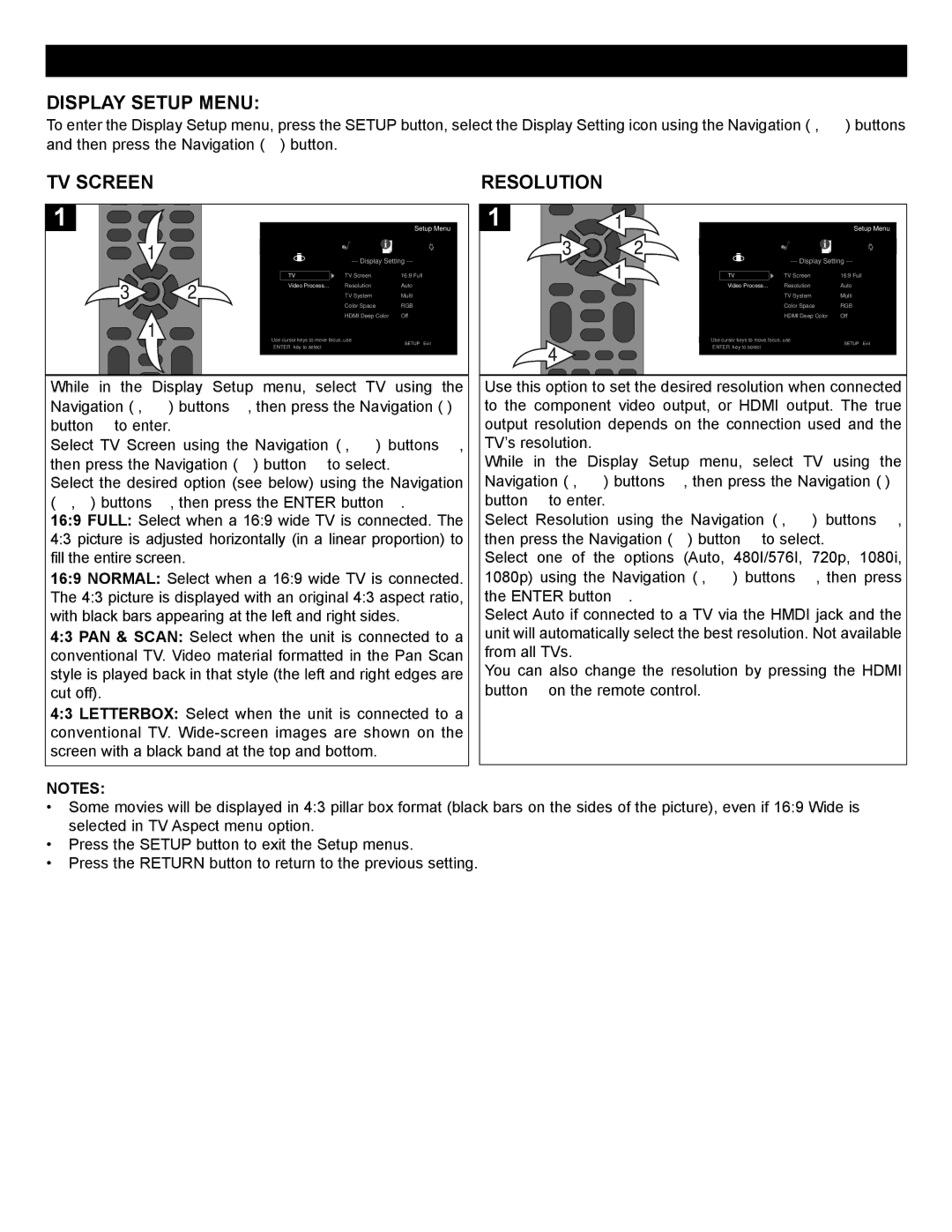 Memorex MVBD2520-R user manual Display Setup Menu, TV Screen Resolution 