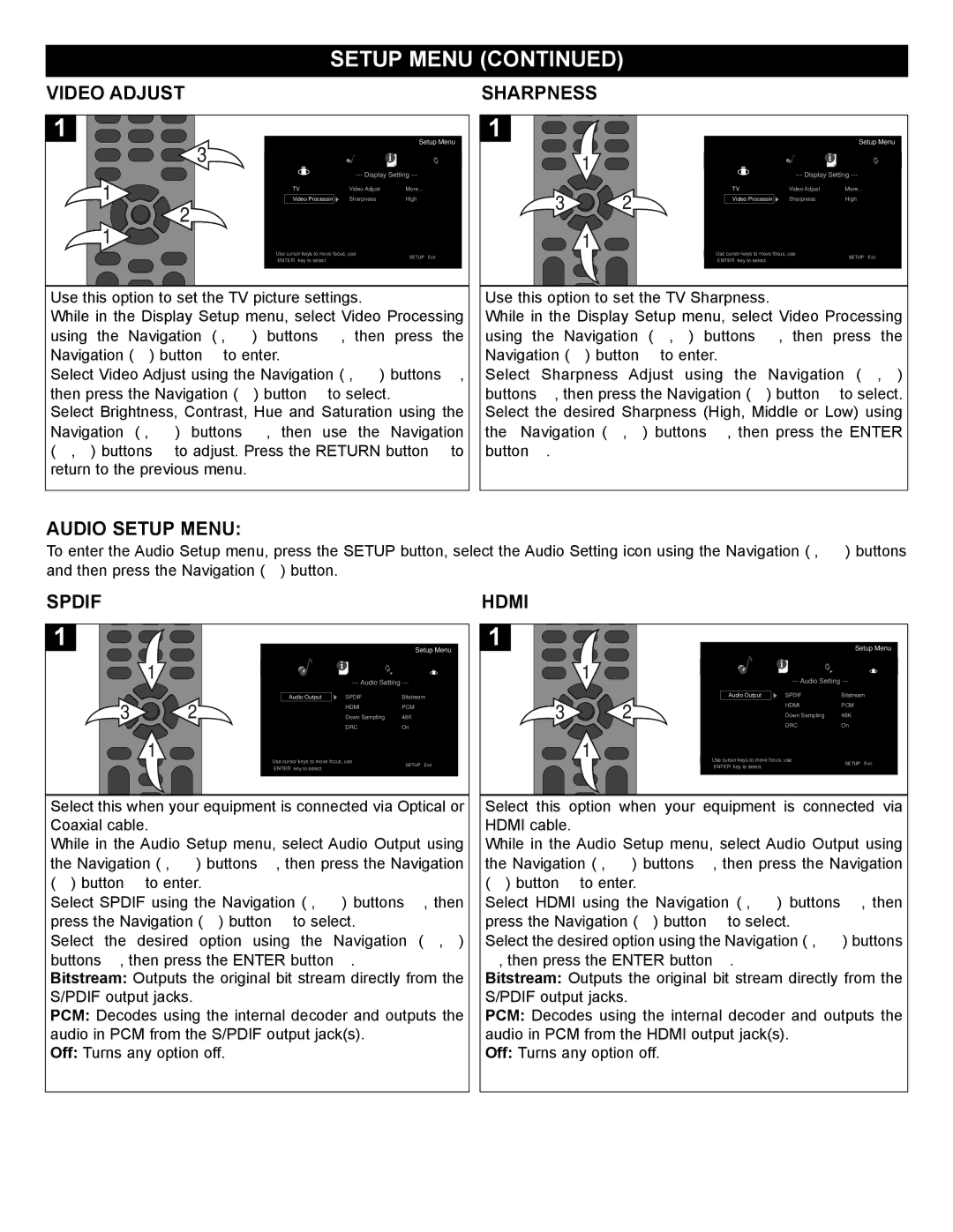 Memorex MVBD2520-R user manual Video Adjust, Sharpness, Audio Setup Menu, Spdif, Hdmi 