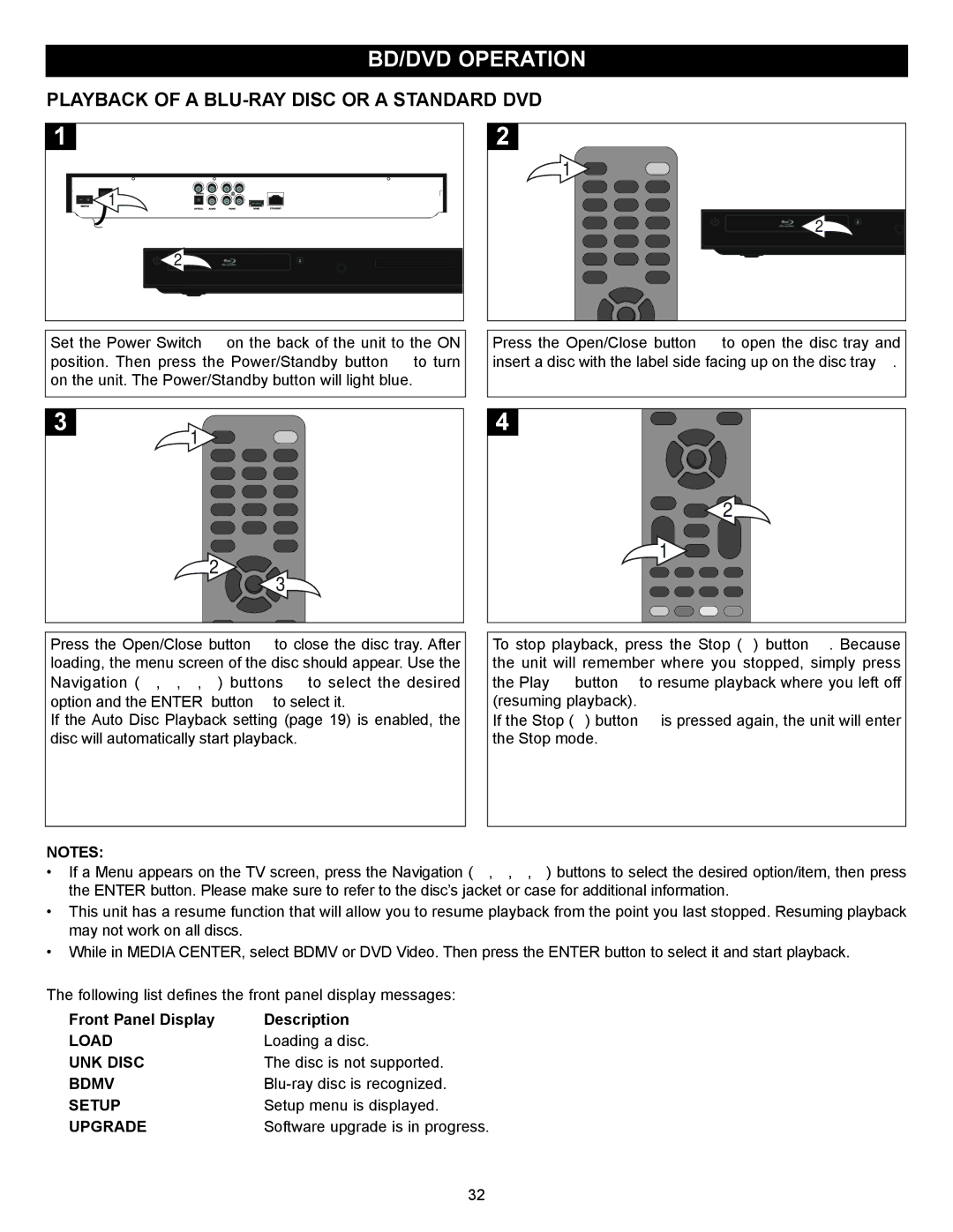 Memorex MVBD2520-R user manual BD/DVD Operation, Playback of a BLU-RAY Disc or a Standard DVD 