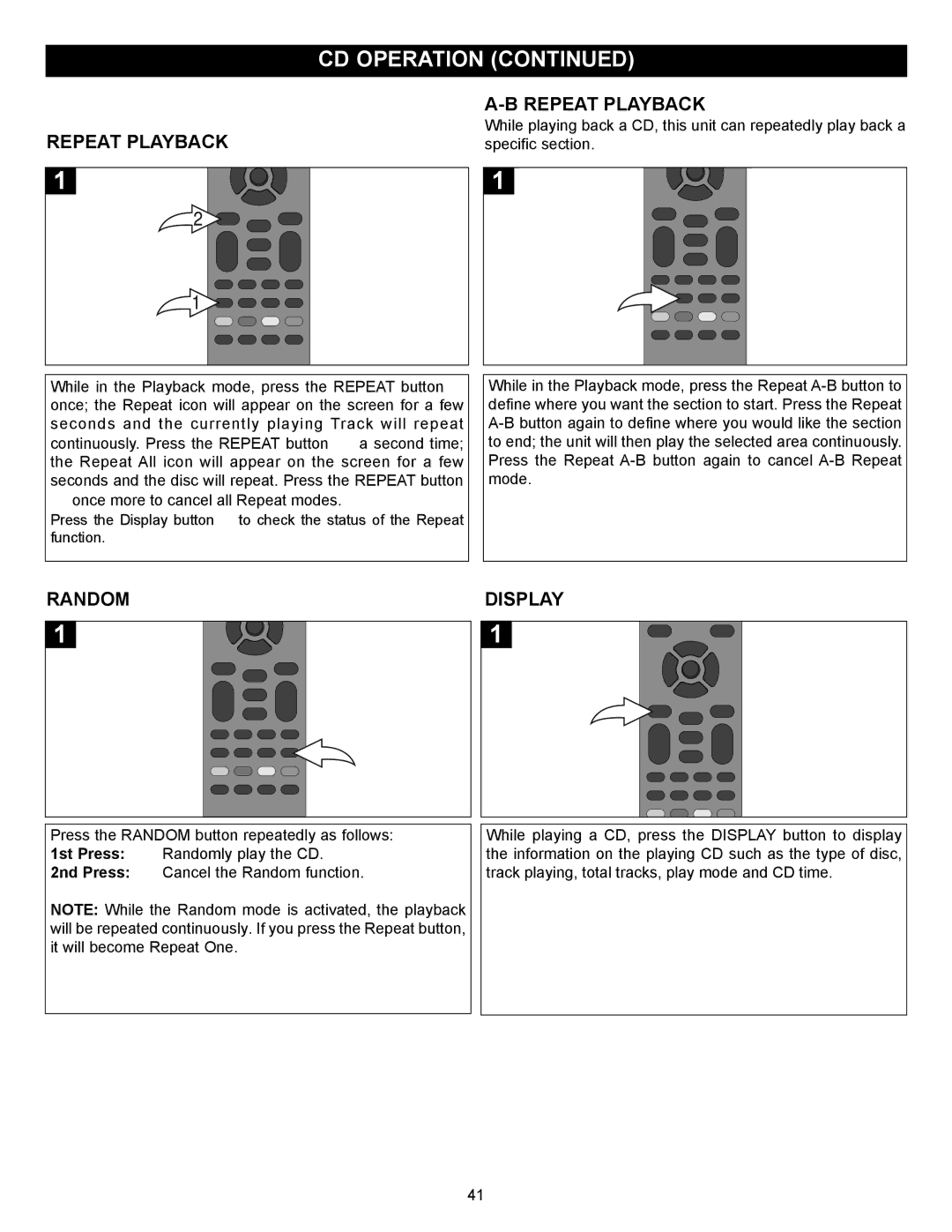 Memorex MVBD2520-R user manual Repeat Playback, Random Display 