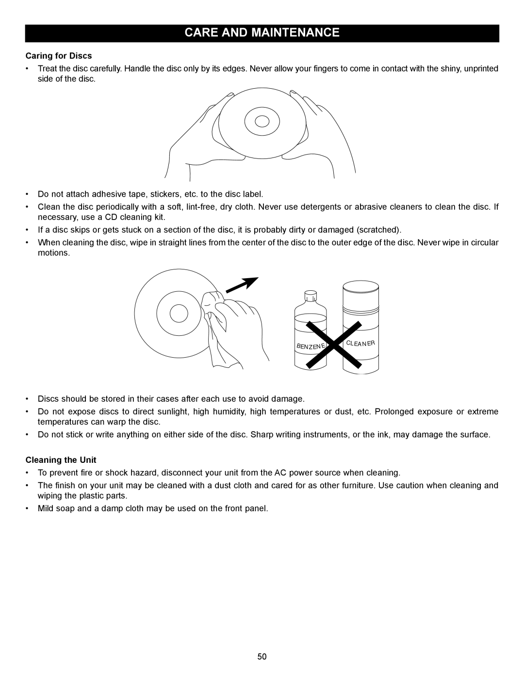 Memorex MVBD2520-R user manual Care and Maintenance, Caring for Discs 