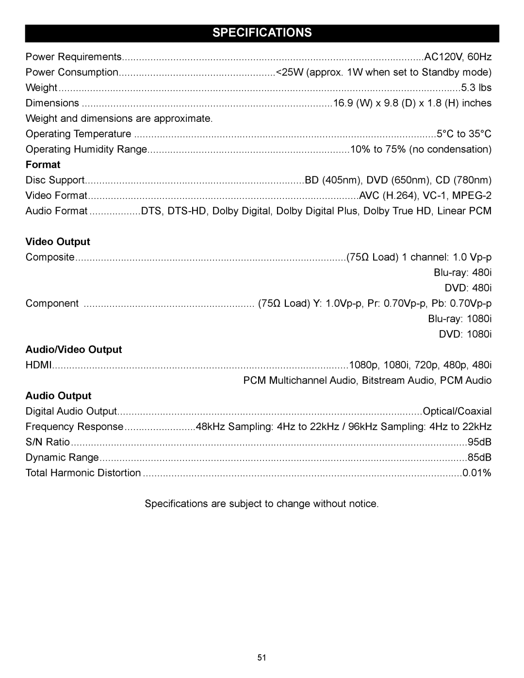 Memorex MVBD2520-R user manual Specifications, Format, Audio/Video Output, Audio Output 