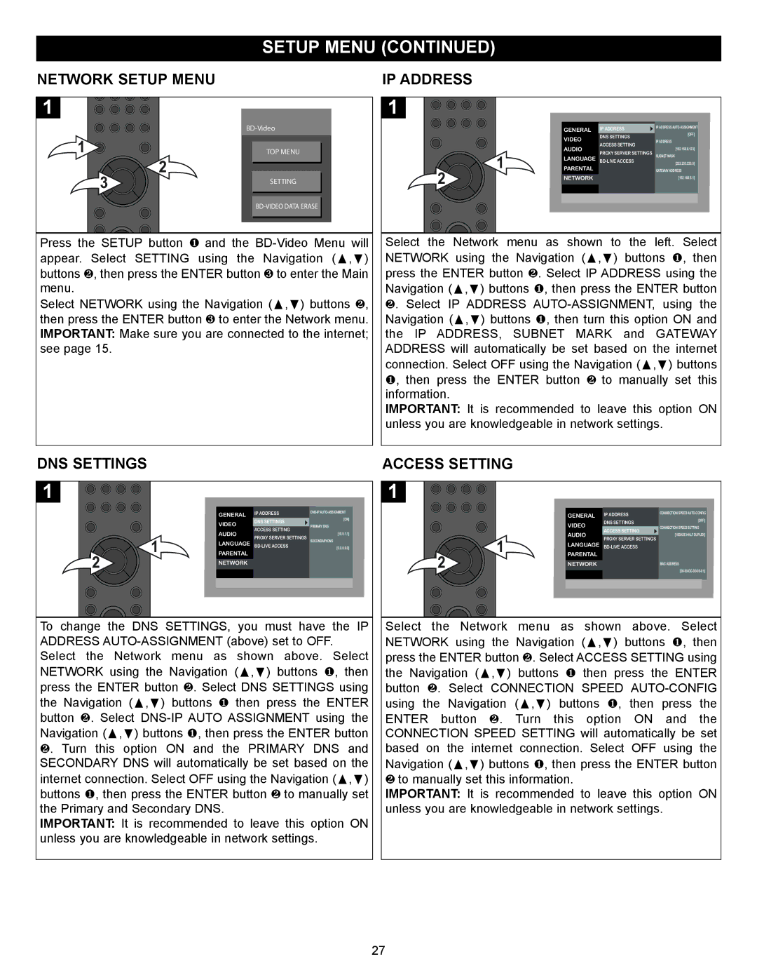 Memorex MVBD2520 user manual Network Setup Menu, IP Address, DNS Settings, Access Setting 