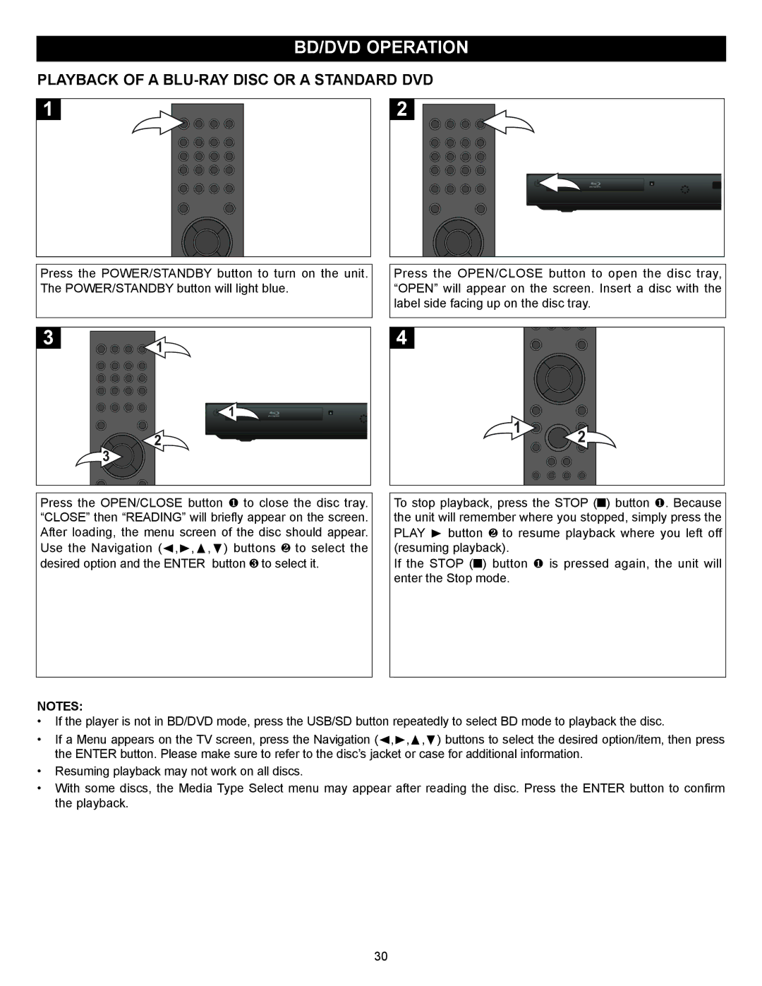 Memorex MVBD2520 user manual BD/DVD Operation, Playback of a BLU-RAY Disc or a Standard DVD 