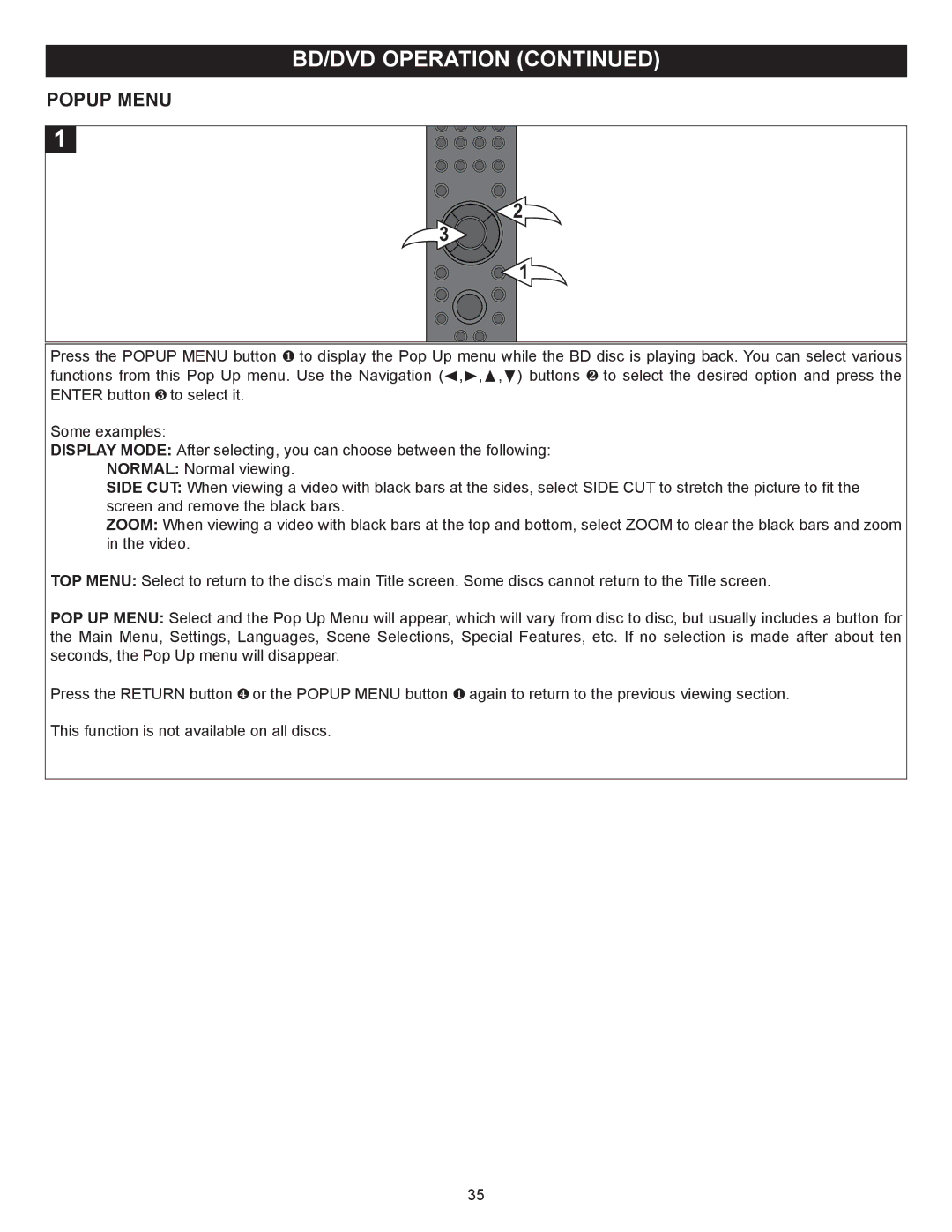 Memorex MVBD2520 user manual Popup Menu 