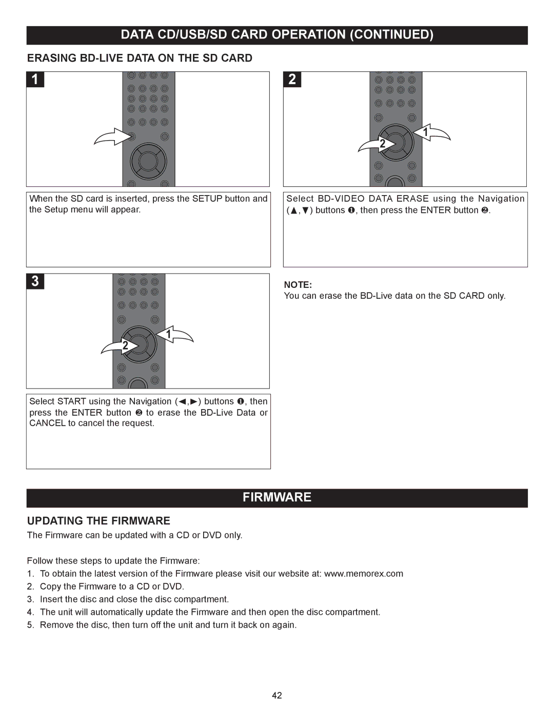 Memorex MVBD2520 user manual Erasing BD-LIVE Data on the SD Card, Updating the Firmware 