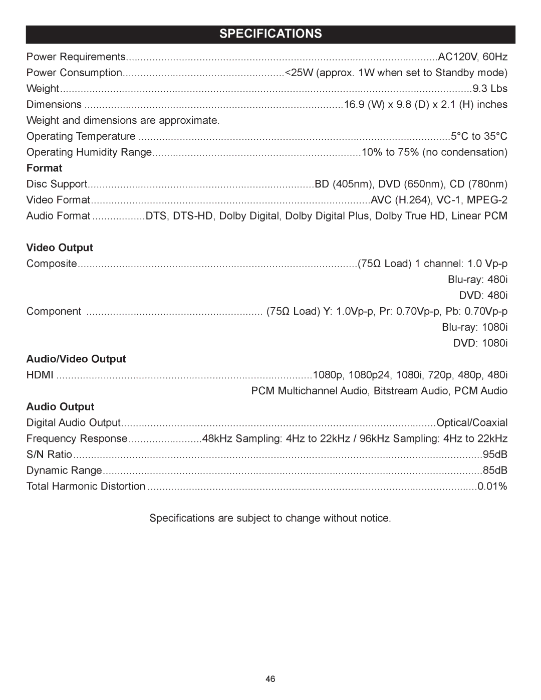 Memorex MVBD2520 user manual Specifications, Format 