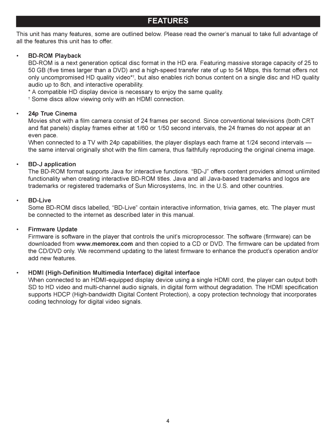 Memorex MVBD2520 user manual Features, BD-ROM Playback 