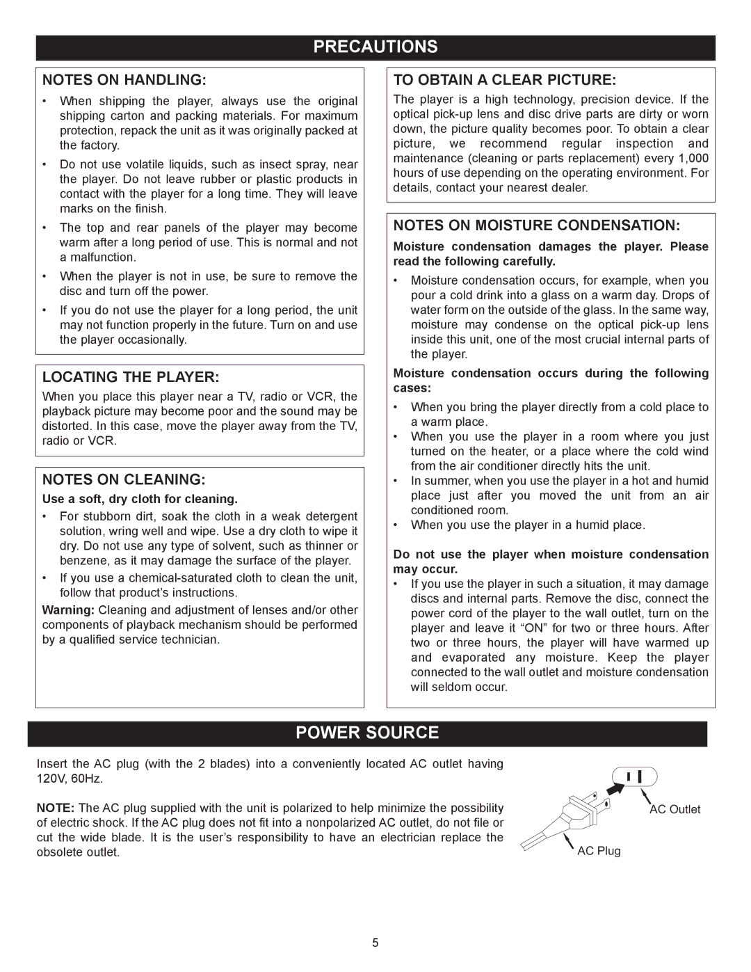 Memorex MVBD2520 user manual Precautions, Power Source, Locating the Player, To Obtain a Clear Picture 