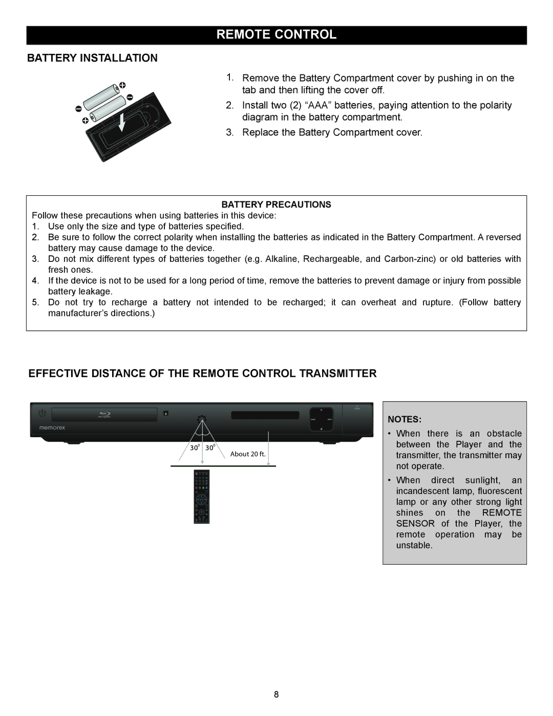 Memorex MVBD2520 Battery Installation, Effective Distance of the Remote Control Transmitter, Battery Precautions 