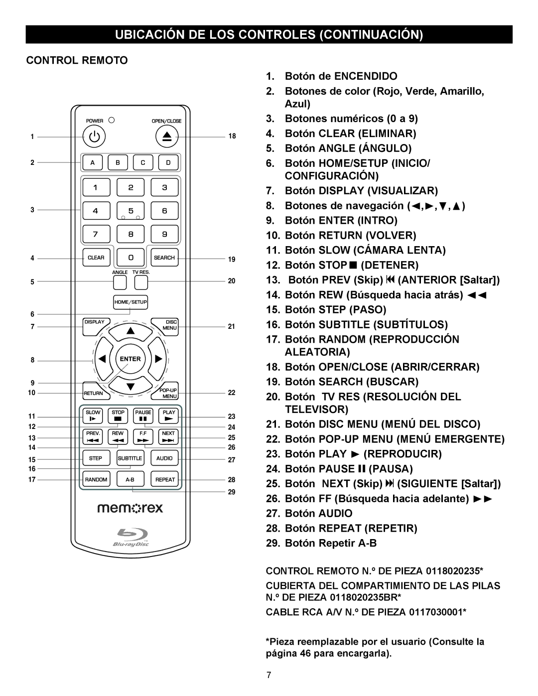 Memorex MVBD2535GPH manual Ubicación DE LOS Controles Continuación, Control Remoto, Configuración 