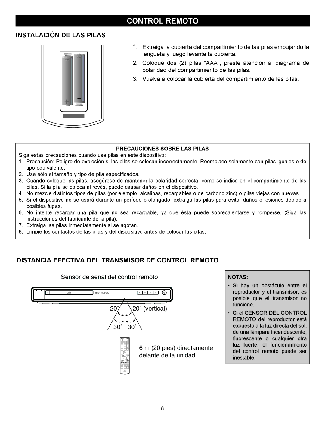 Memorex MVBD2535GPH manual Instalación DE LAS Pilas, Distancia Efectiva DEL Transmisor DE Control Remoto, Notas 