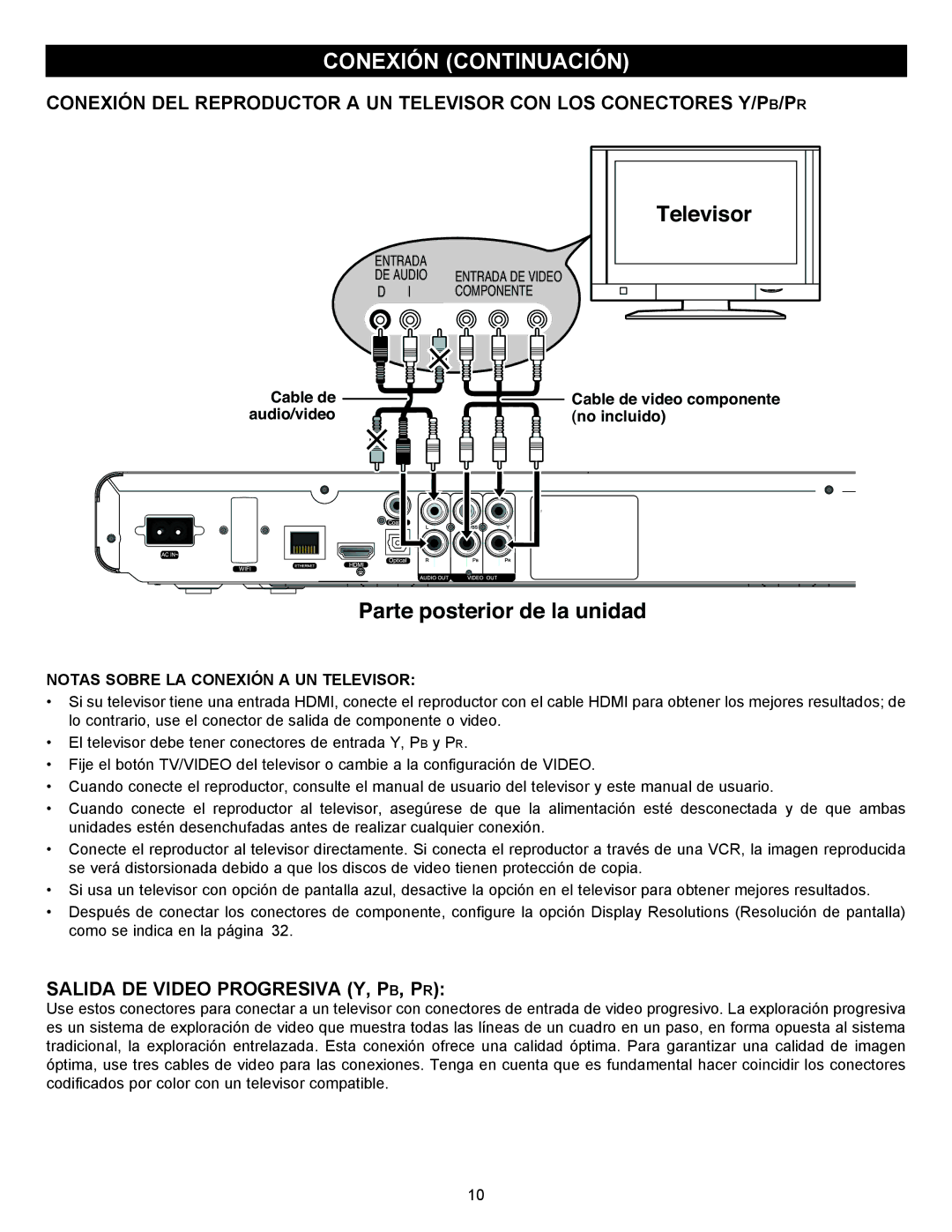 Memorex MVBD2535GPH manual Conexión Continuación, Notas Sobre LA Conexión a UN Televisor 