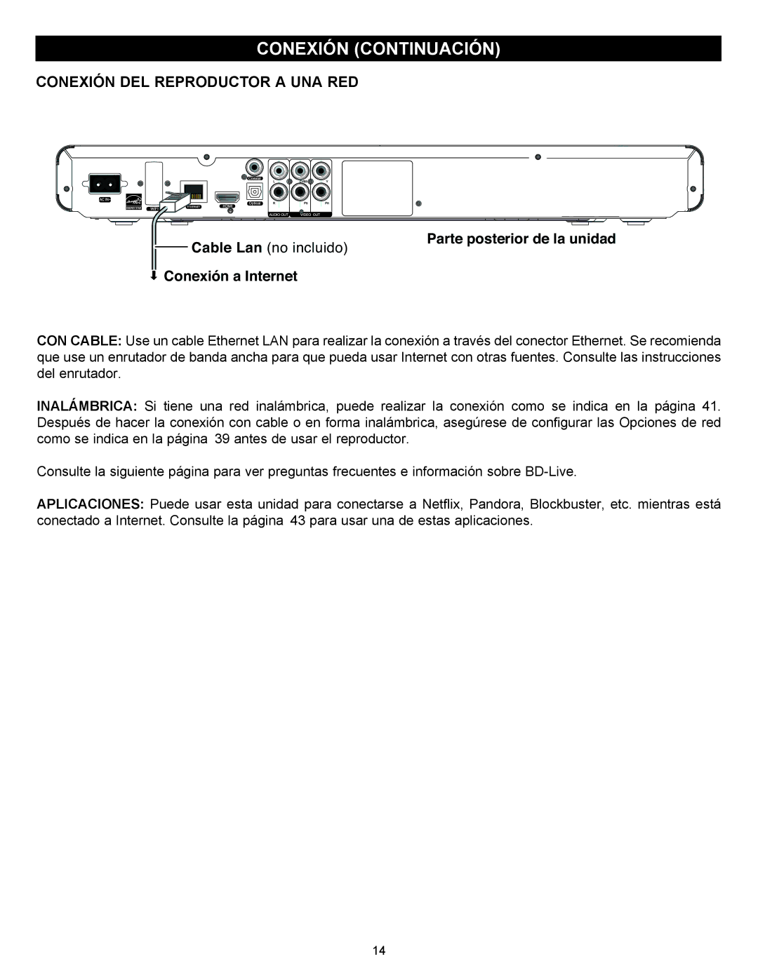 Memorex MVBD2535GPH manual Conexión DEL Reproductor a UNA RED 