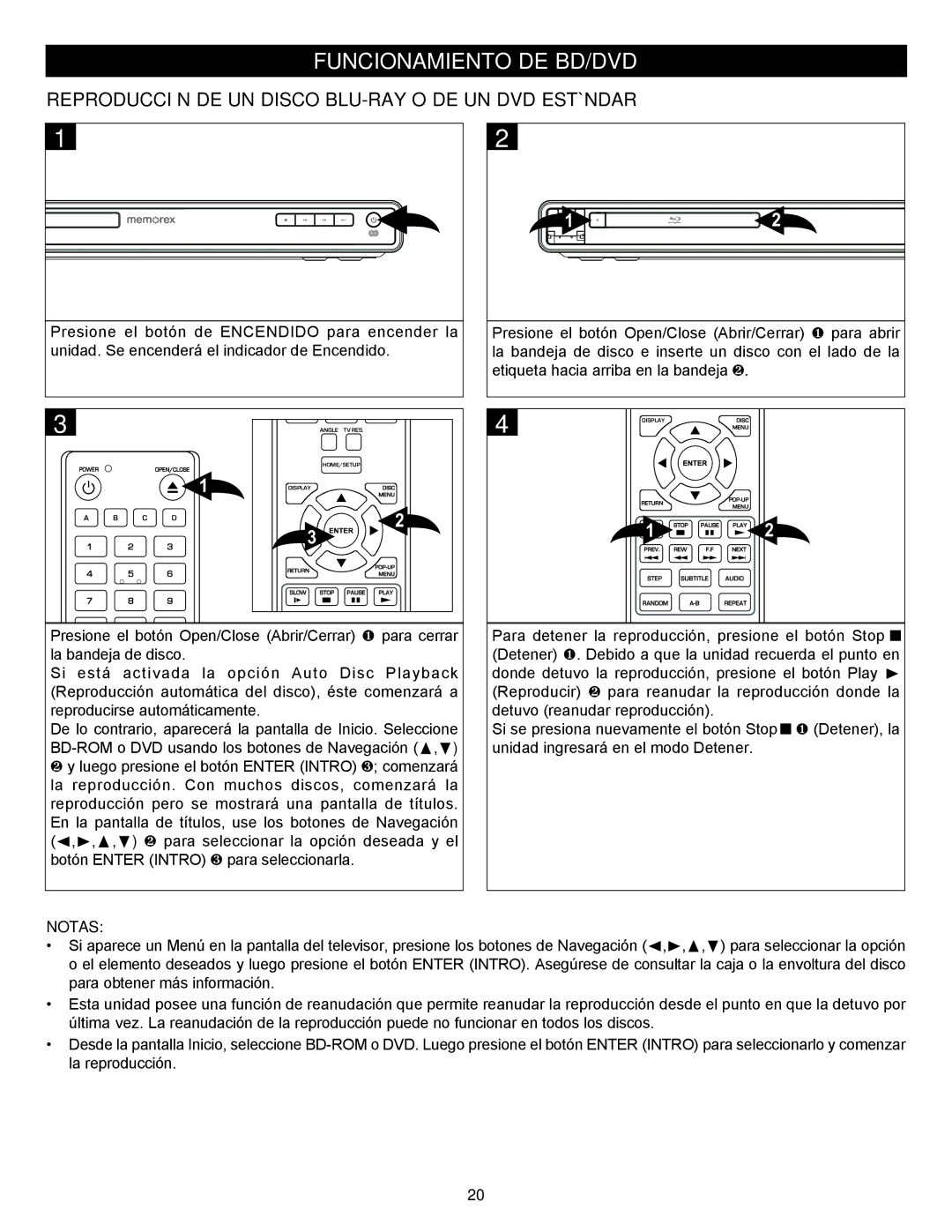 Memorex MVBD2535GPH manual Funcionamiento DE BD/DVD, Reproducción DE UN Disco BLU-RAY O DE UN DVD Estándar 