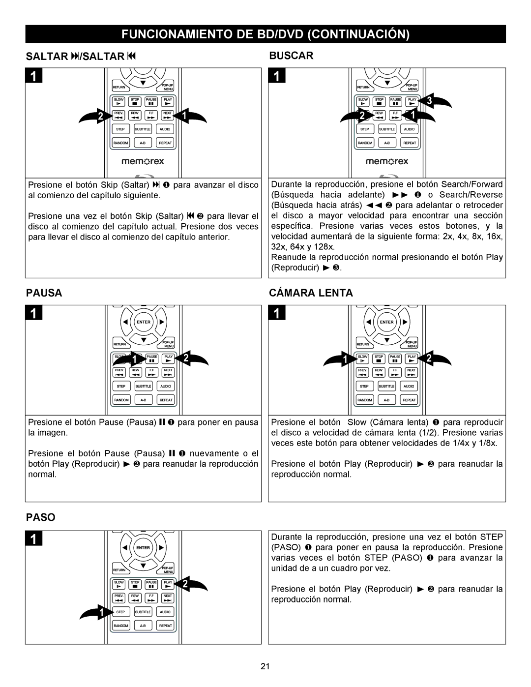 Memorex MVBD2535GPH manual Funcionamiento DE BD/DVD Continuación, Buscar, Pausa, Cámara Lenta, Paso 