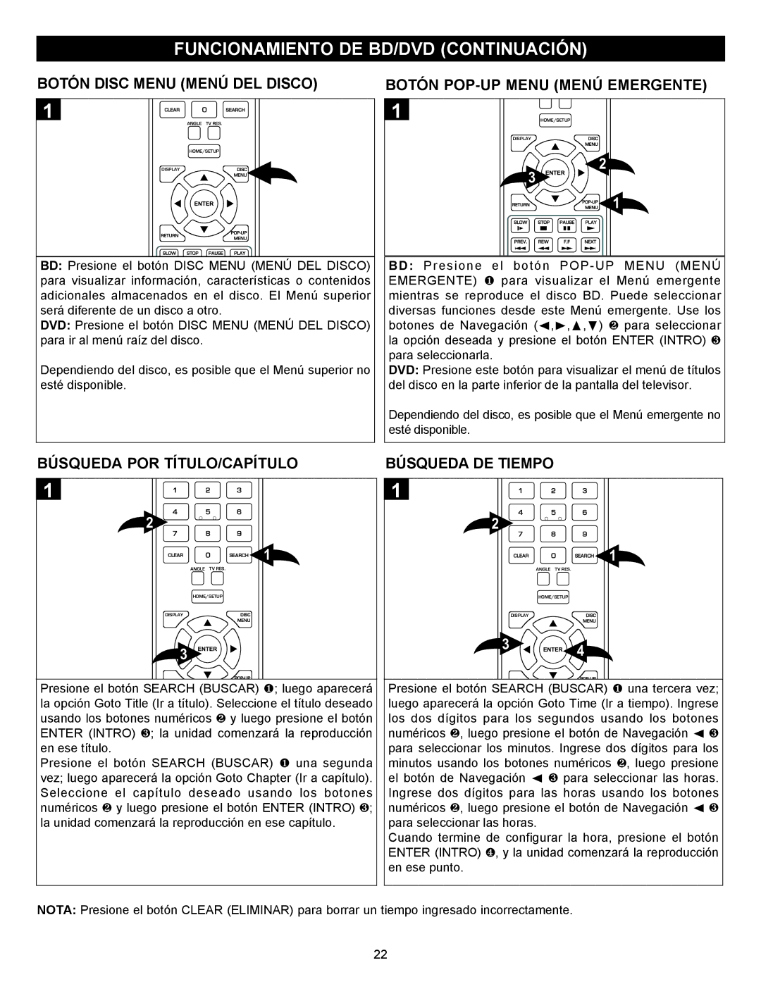 Memorex MVBD2535GPH manual Botón Disc Menu Menú DEL Disco, Botón POP-UP Menu Menú Emergente, Búsqueda POR TÍTULO/CAPÍTULO 