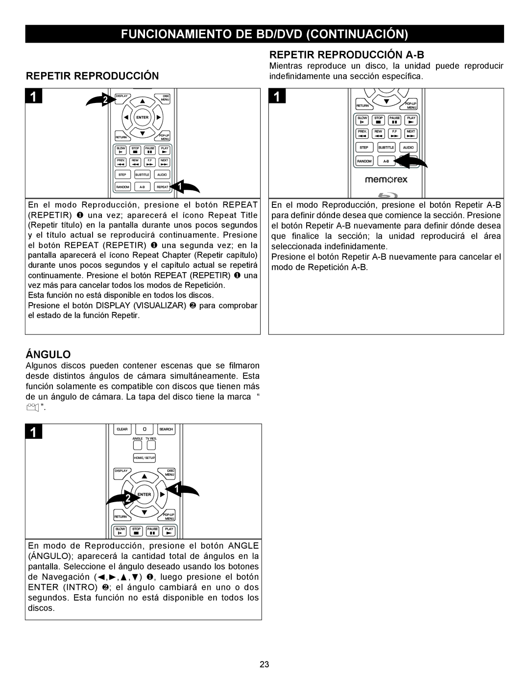 Memorex MVBD2535GPH manual Repetir Reproducción A-B, Ángulo 