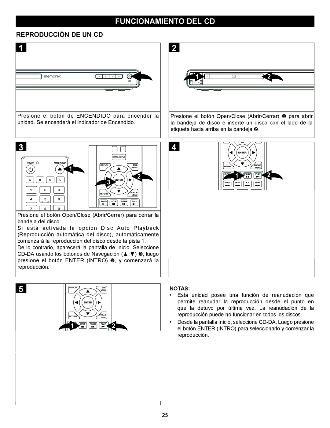 Memorex MVBD2535GPH manual Funcionamiento DEL CD, Reproducción DE UN CD 