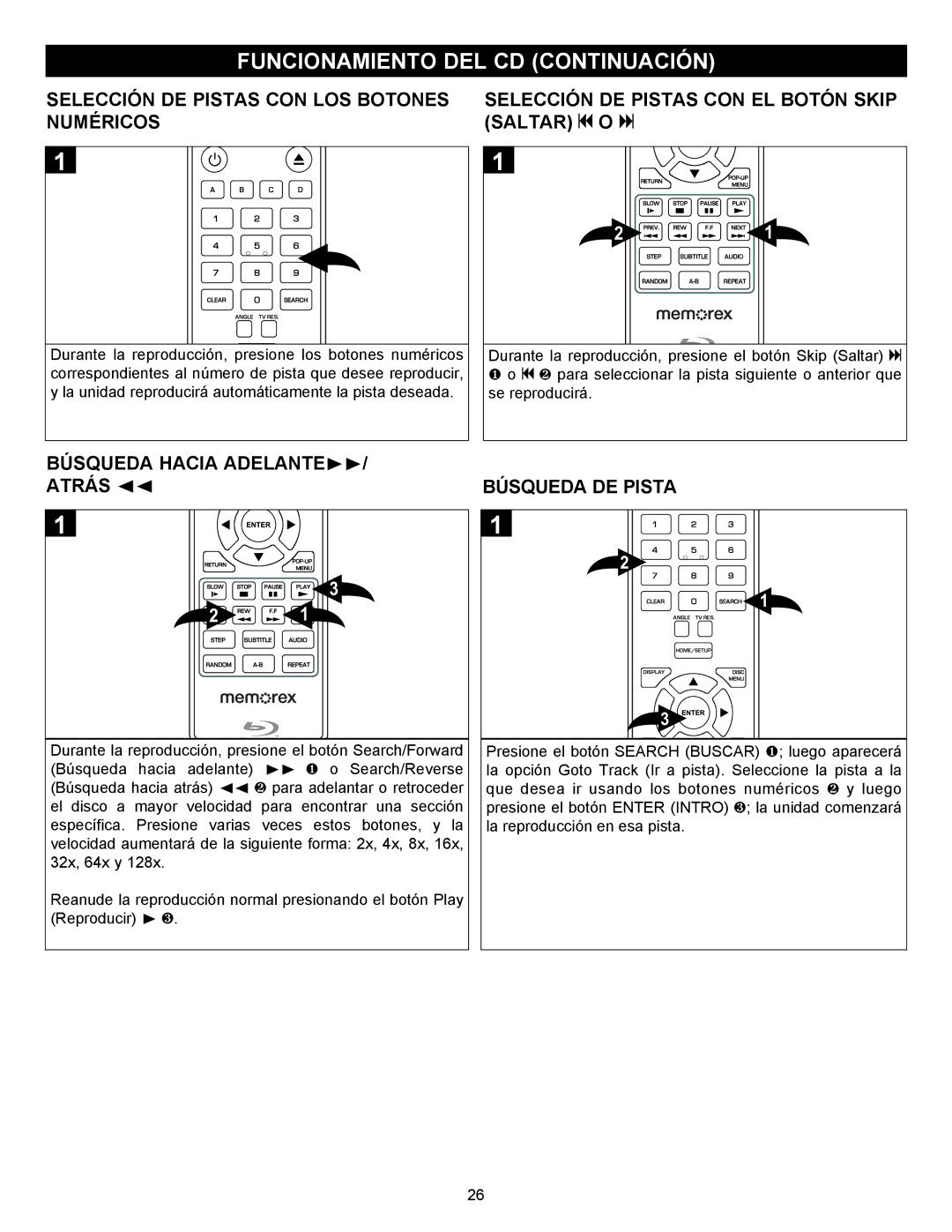 Memorex MVBD2535GPH manual Funcionamiento DEL CD Continuación, Búsqueda Hacia ADELANTE/ Atrás √√, Búsqueda DE Pista 