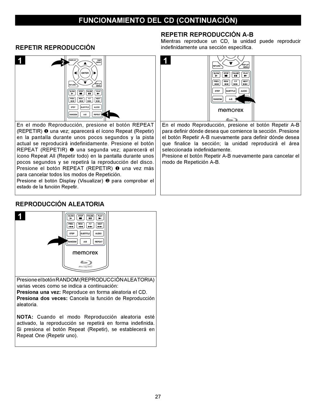 Memorex MVBD2535GPH manual Repetir Reproducción, Reproducción Aleatoria 