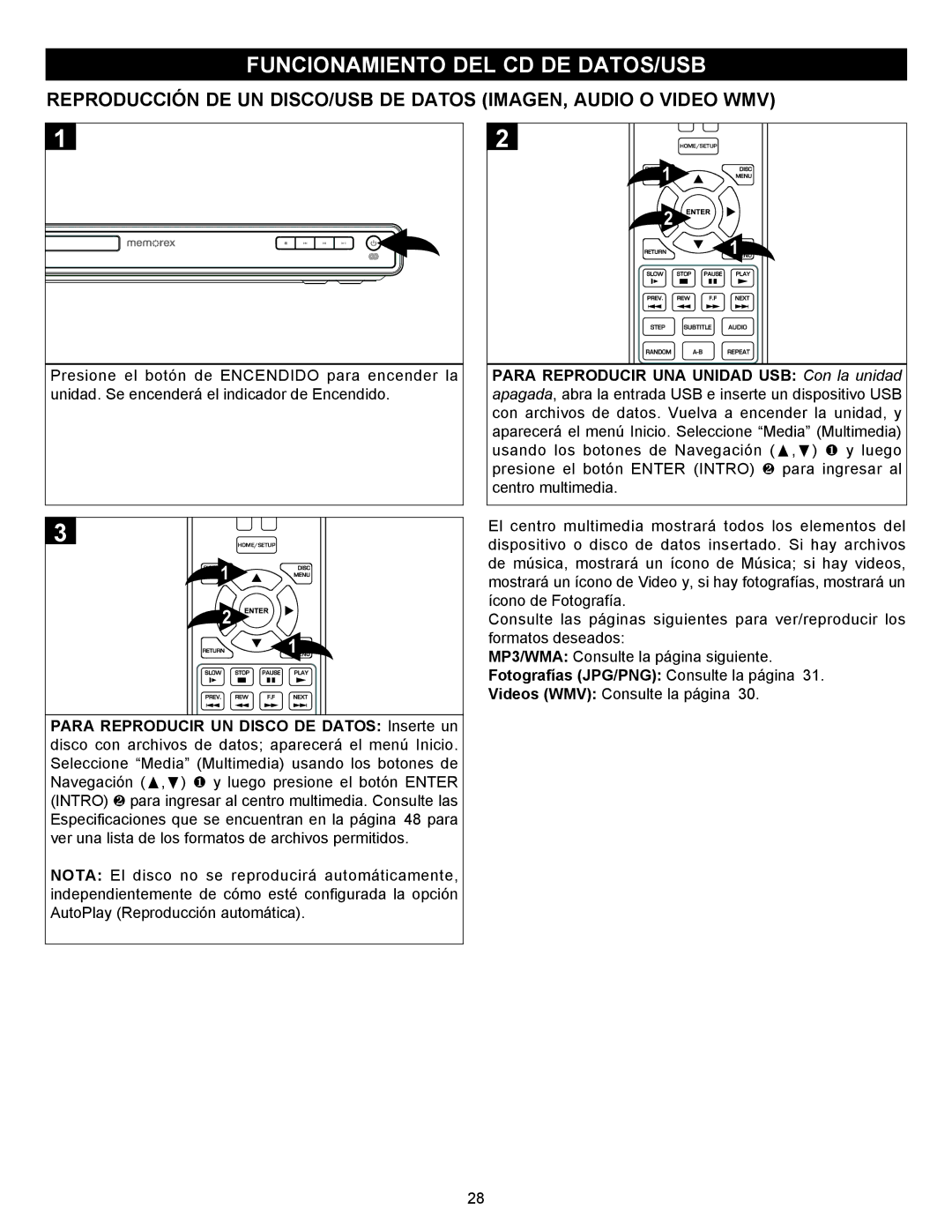 Memorex MVBD2535GPH manual Funcionamiento DEL CD DE DATOS/USB, MP3/WMA Consulte la página siguiente 