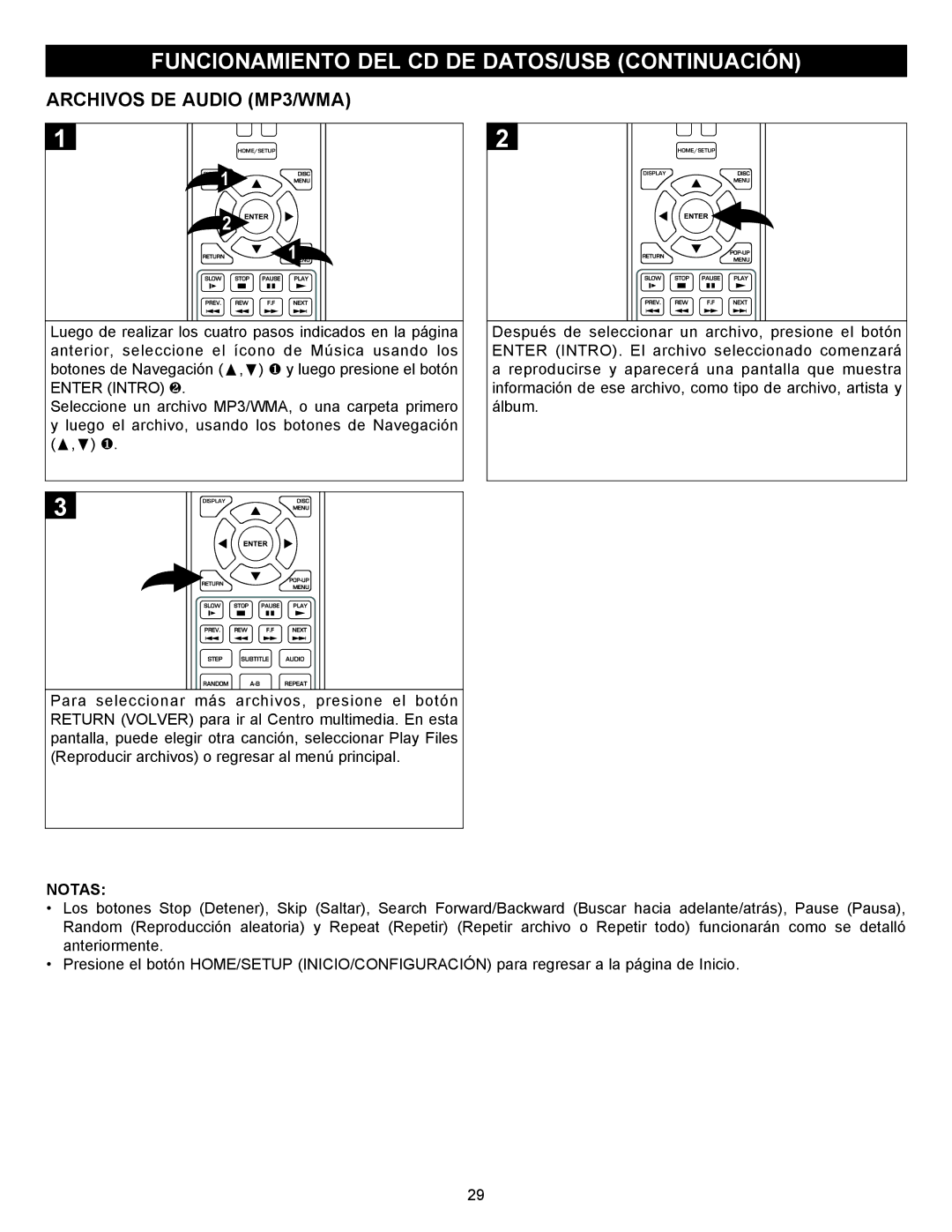 Memorex MVBD2535GPH manual Funcionamiento DEL CD DE DATOS/USB Continuación, Archivos DE Audio MP3/WMA 