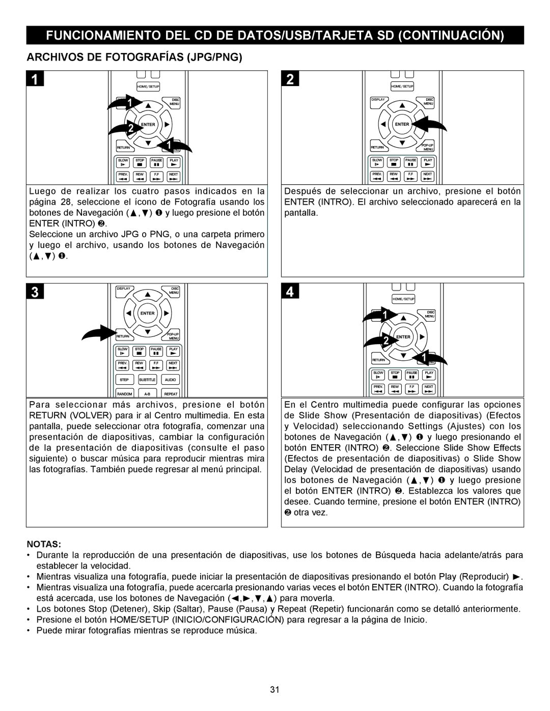 Memorex MVBD2535GPH manual Funcionamiento DEL CD DE DATOS/USB/TARJETA SD Continuación, Archivos DE Fotografías JPG/PNG 