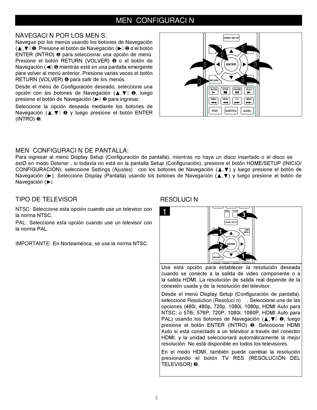 Memorex MVBD2535GPH manual Navegación POR LOS Menús, Menú Configuración DE Pantalla, Tipo DE Televisor, Resolución 